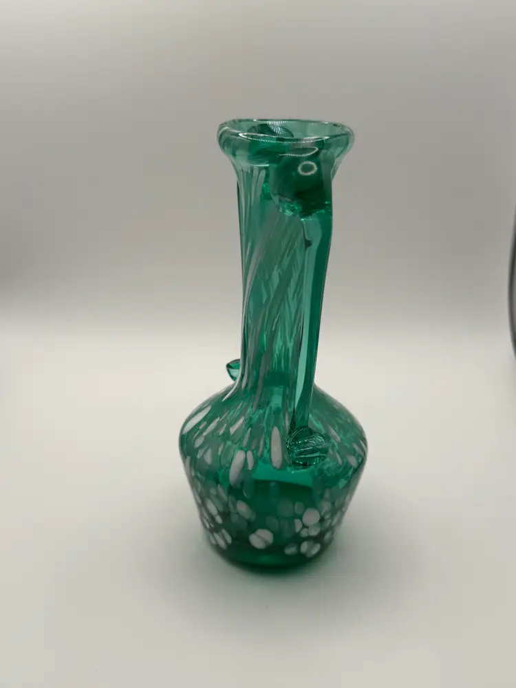 Vintage Hand Blown Teal,Aqua & White Spatter Swirl Glass Amphora Bud Vase 6"
