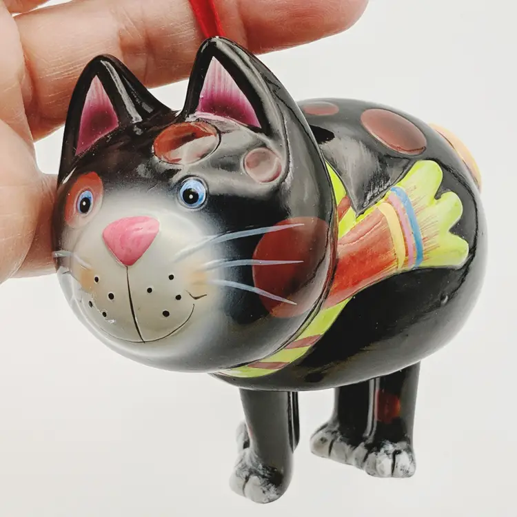 Whimsical Chubby Black Spotted Cat Ornament Dangly Legs Huge Smile
