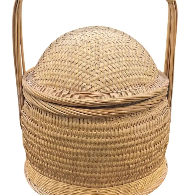 Vintage Handwoven Chinese Wedding Storage Basket With Intricate Lid & Handle