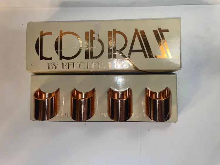 Cobras Beucler Brass Copper Napkin Rings In Box Four 4 Vintage MCM USA Made NOS