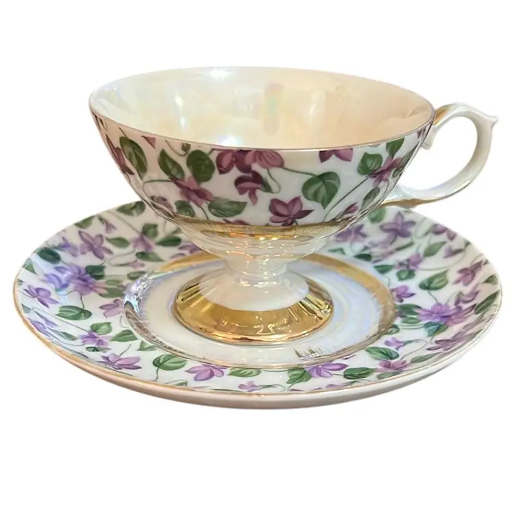 Vintage Lefton Japanese White Iridescent & Purple Violet Flower Design Teacup & Saucer