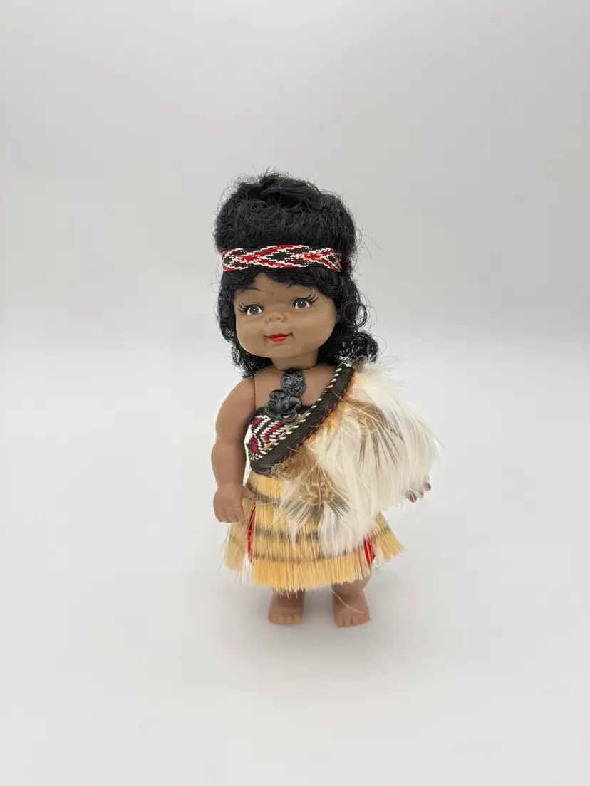 Vintage New Zealand Maori Doll Souvenir Young Girl Grass Skirt 8”