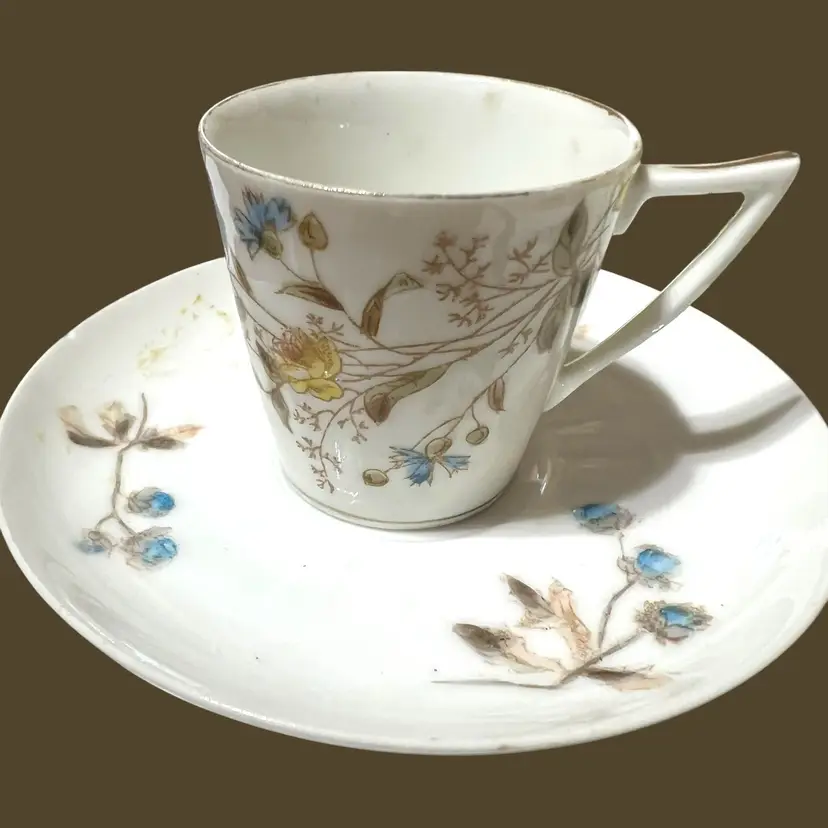 #01 024 Limoge, Yellow And Blue Flowers Demitasse cup, and saucer, 2" x 3" fleabite on saucer Art Deco Handle
