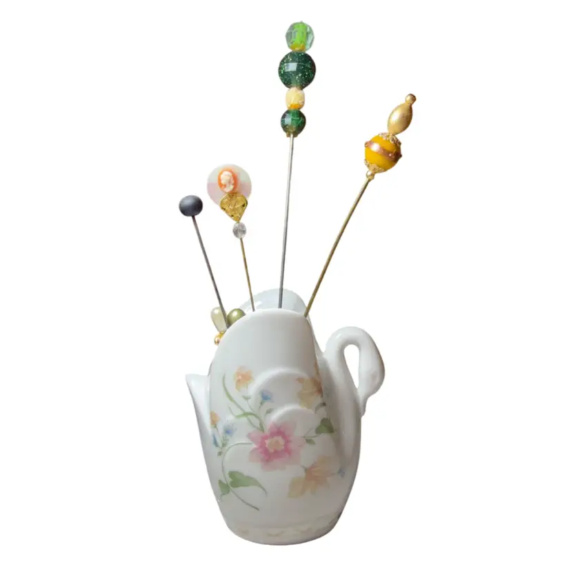 Swan Hatpin Holder With 10 Vintage Hatpins - Including MOP Filigree Cameo, Dichroic Glass, Pearl, Polished Black Stone, Green Plastic & Carved