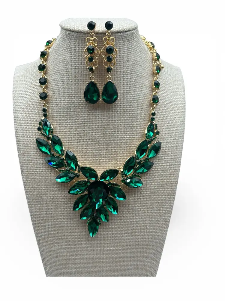 Statement Emerald Green Rhinestone Leaf Bib Necklace & Chandelier Earring Set – Gold Tone Glass Crystals – Adjustable 14–18” – Pick of the Week
