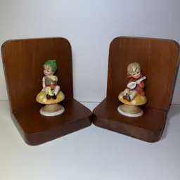 Vintage Figures Mushroom Wood Bookends Instrument  5.5” x 4.5” 1970s Damage