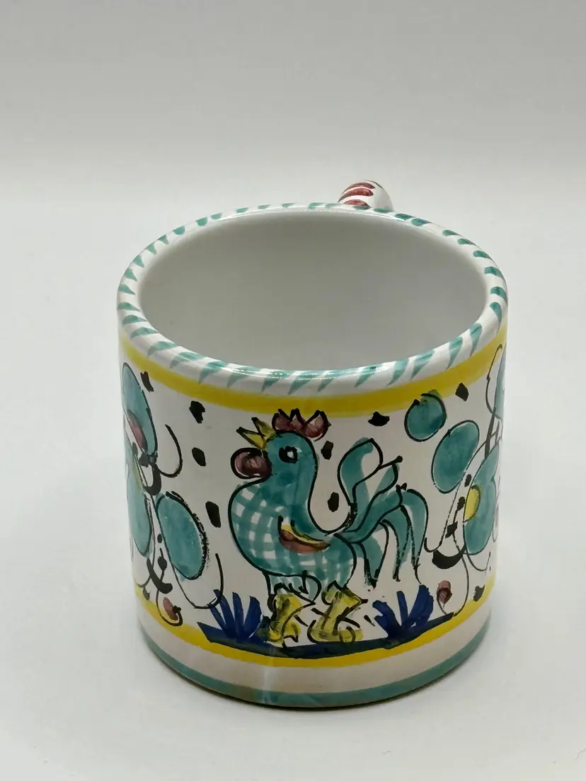 Vintage Italian Hand Painted Ceramic Rooster Coffee Mug, Colorful Folk Art Style, Vintage Kitchen Decor, By Ceramica Artistica, Made In Deruta, Italy