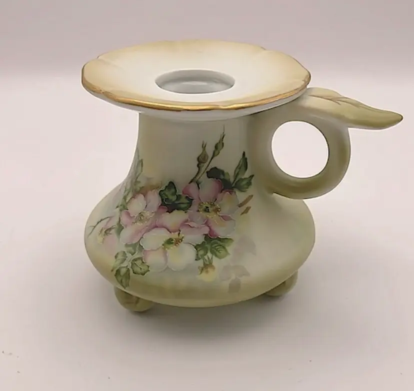 Antique, Nippon, Hand Painted, Candle Holder, Candlestick, Floral, Green, Porcelain (Candle not included)