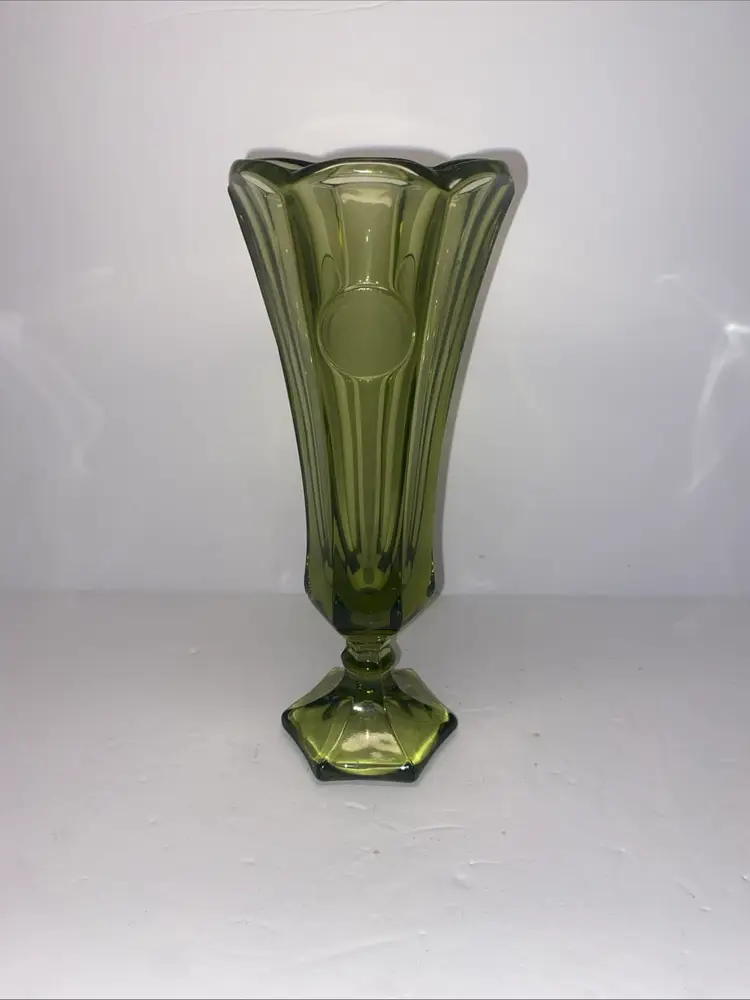 Vintage  Olive Green Fostoria glass vase featuring the Coin Pattern