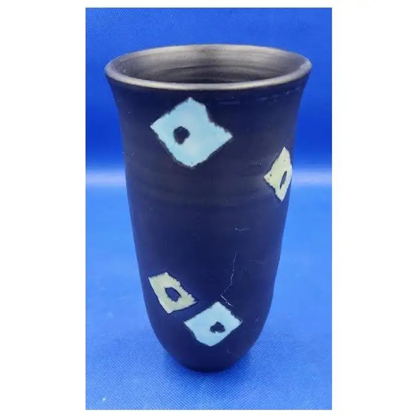 Signed Art Pottery Vase Black mat with glazed tiles