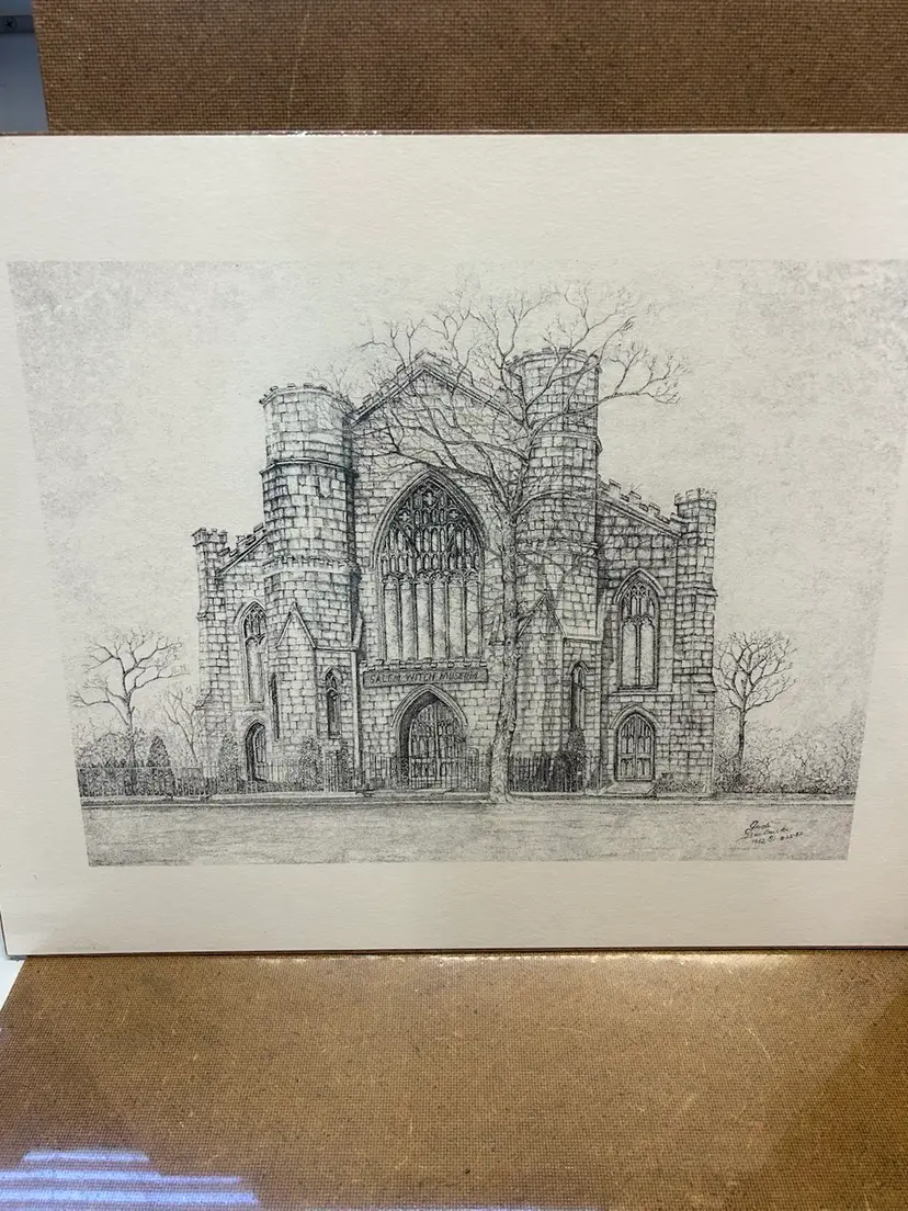 Vintage Judi Bartnicke Signed Pointillism Print “ Salem Witch Museum “
