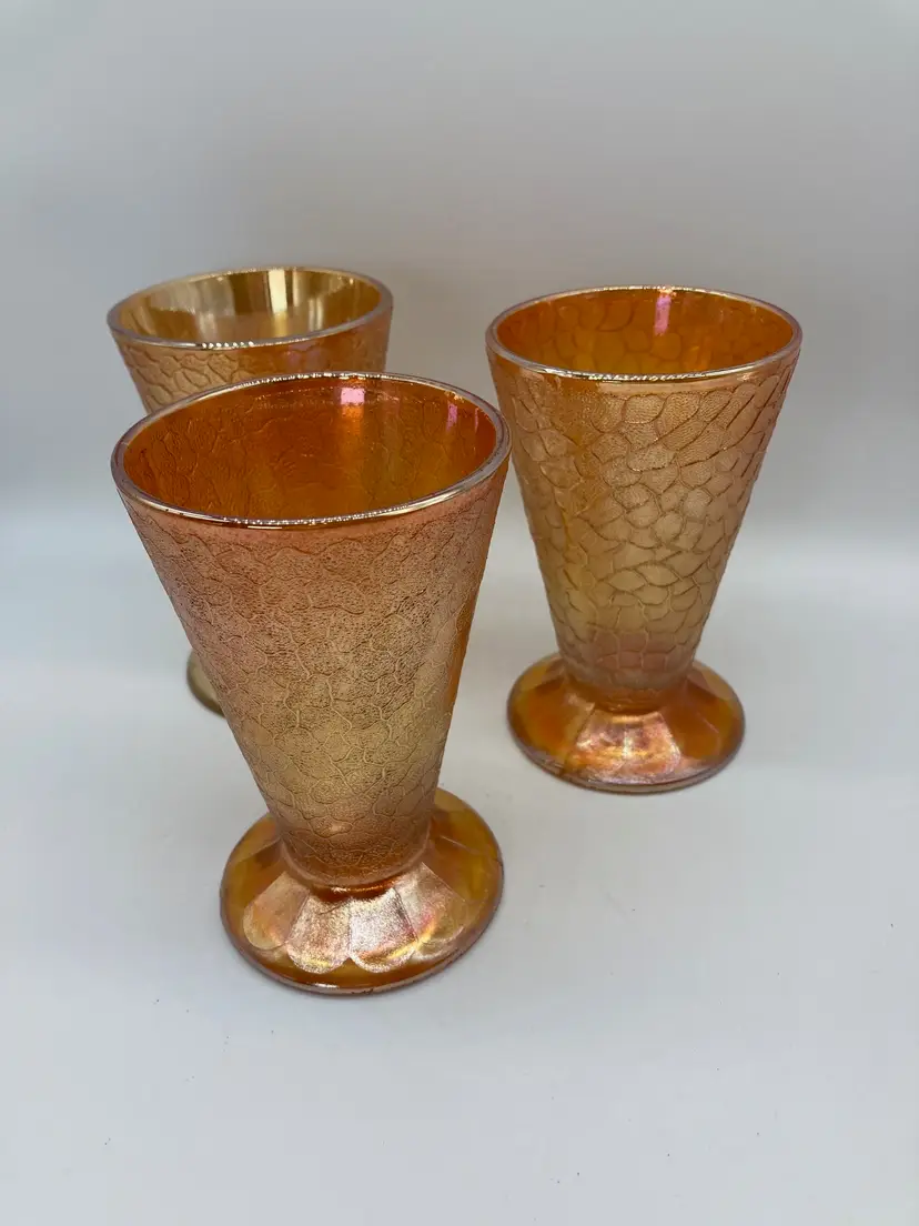 Jeannette Glass Crackle Marigold Carnival Glass Footed Tumbler 4 3/4" Tall 6 oz