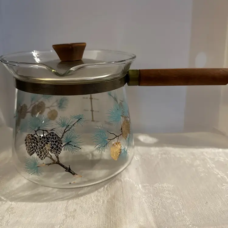 Vtg David Douglas Libbey Flameproof Coffee Pot Blue Gold Pinecone 1960’s