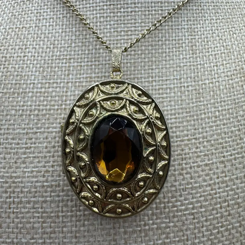 Avon Perfume Fragrance Locket/ Brooch/Pendant With Amber Topaz Crystal