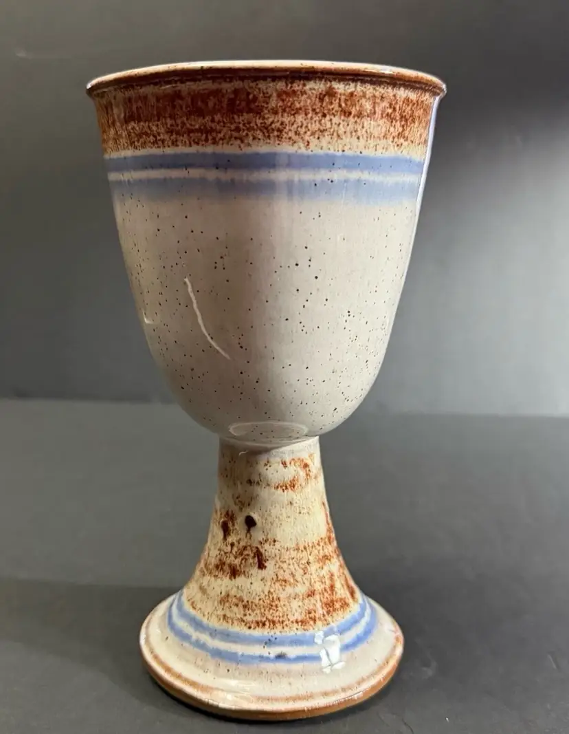 Deneen Pottery Glazed Goblet Stamped Browns &Blue Art Pottery Goblet