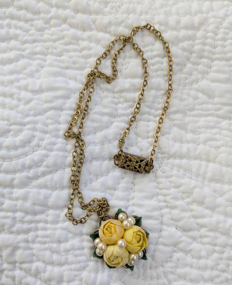 Vintage Shell Necklace and Earring Set with Pale Yellow Roses and Pearls