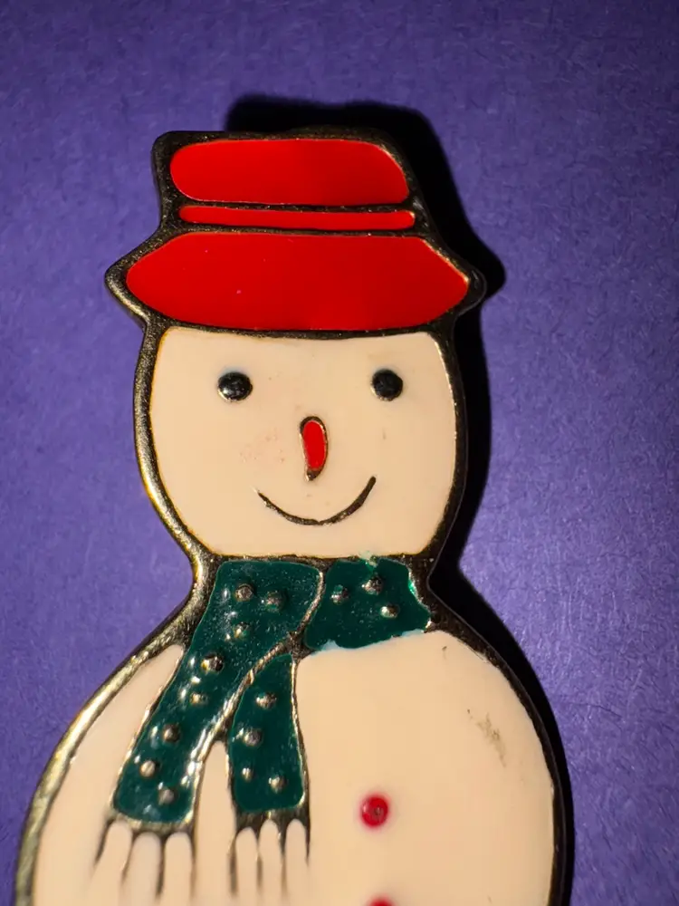 Vintage Signed AAI Christmas Snowman Brooch ~ Gold Tone ~ White Enamel Snowman With Red Enameled Hat And Green Scarf ~ Very Sweet