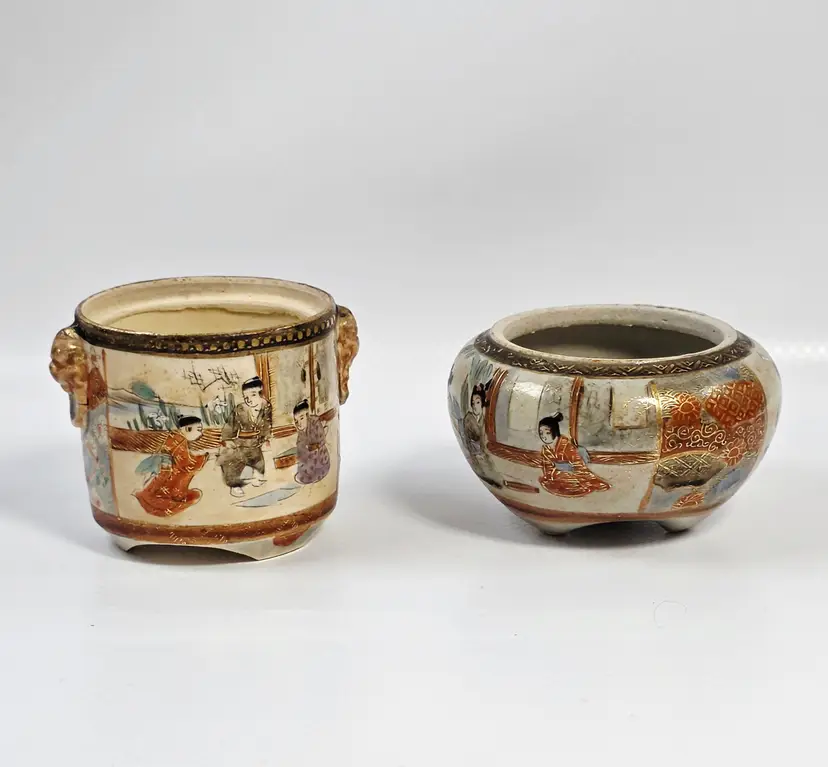 Antique Japanese Satsuma 2pc Scholar Desk Set Meiji Miniature Koro Washer