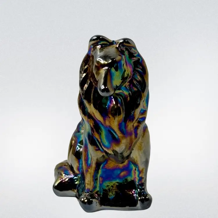 Moser Border Collie Paperweight Figurine Purple Carnival Iridescent Glass 3” T x 2” L x 1-1/2” W