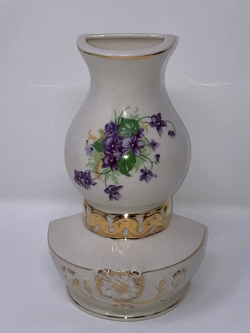 Vintage Ceramic Miniature Oil Lamp Wall Pocket! Likely produced In The 1950s!  6 3/4” Tall 4” Wide! Violets!