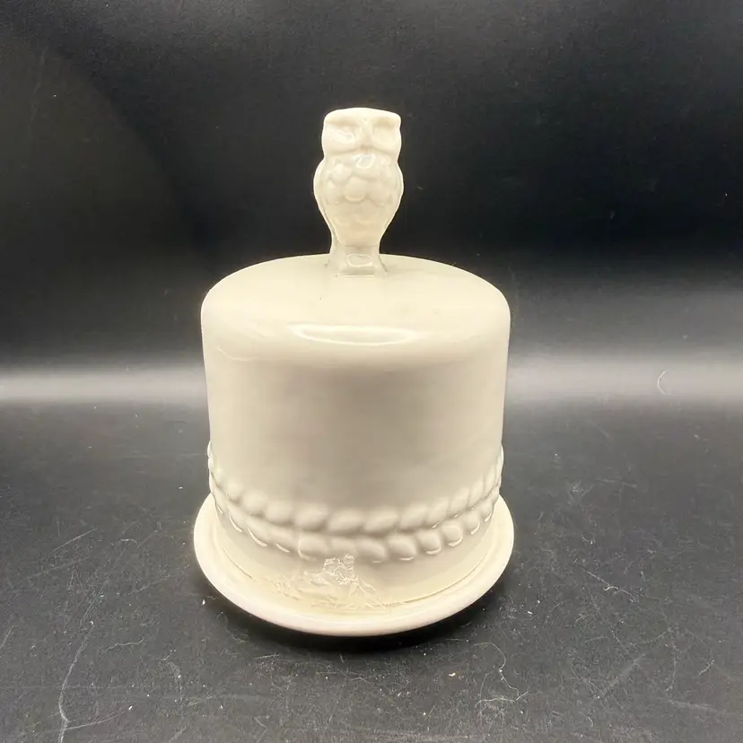 White Ceramic Butter Bell Crock With Owl Finial