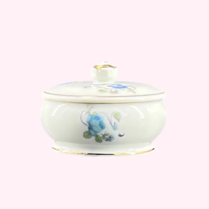 Trinket Box Porcelain Blue Flowers Cabbage Rose Knob Handle  Richard Japan