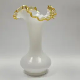 VTG 8" Double Crimped Ruffle Fenton Gold Crest Milk Glass Vase Transparent Gold