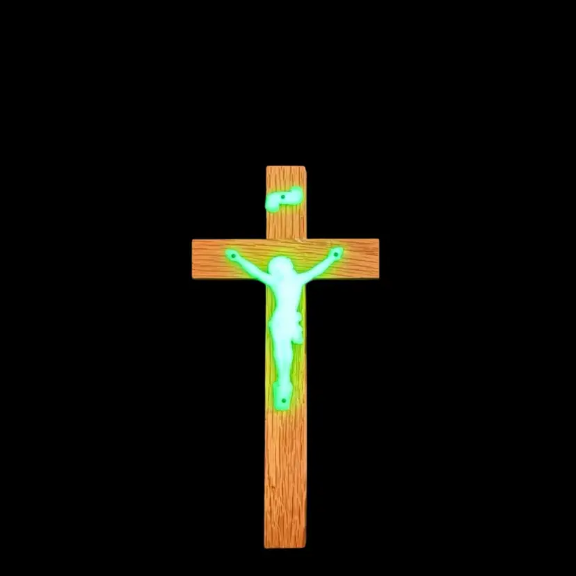 Vintage Cross Plastic Jesus Crucifix on Wood Wall Decor Glows
6” T x  3” W x  5/8” T