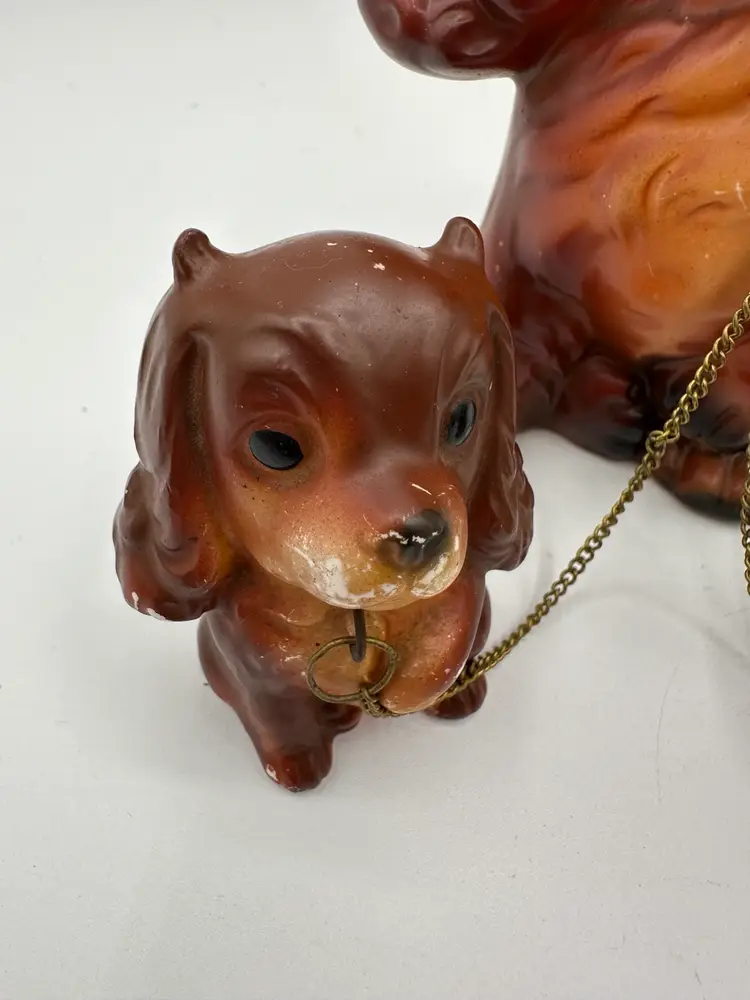 Vintage Cocker Spaniel Momma Dog With 2 Puppies On Chains 