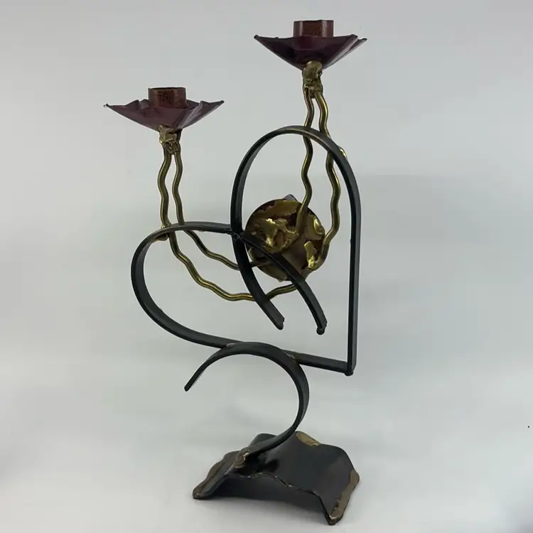 Metal & Art Glass Handcrafted Heart Shabbat Candle Holder By Gary Rosenthal 11”