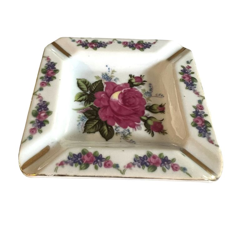 Vintage Hand Painted Individual Ashtray Ceramic Scalloped Blue Pink Roses Japan