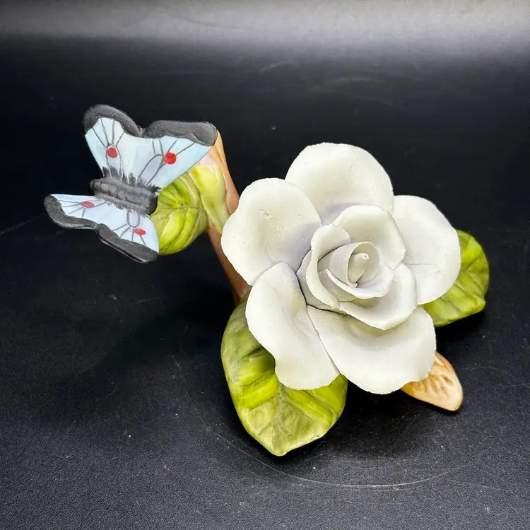 Lefton 1991 Pink Rose White Flower On Branch with Butterfly 2.5”