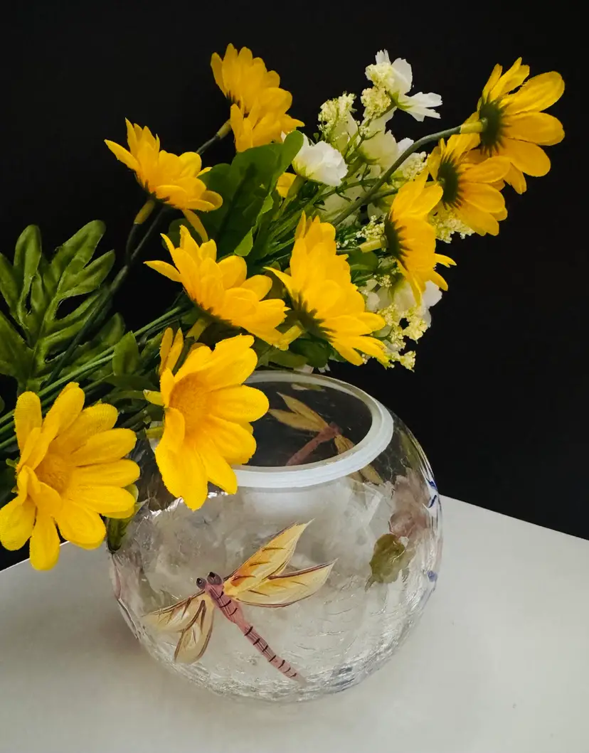Hand-painted Round Crystal Vase - Pretty Floral Design With Dragonfly