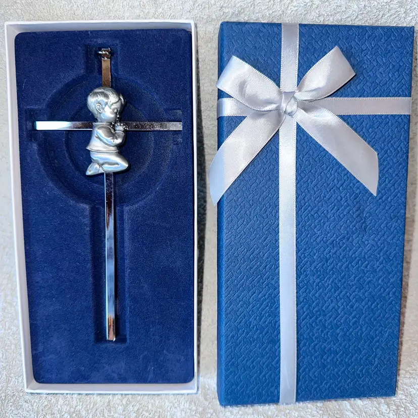 NIB Tryuunion 7” Silver Metal Wall Cross Baptism Blessing Gift for Boys