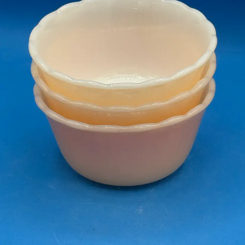 3 Fire-King Peach Luster Scalloped Rim Bowls / Ramekin  6oz #424 USA