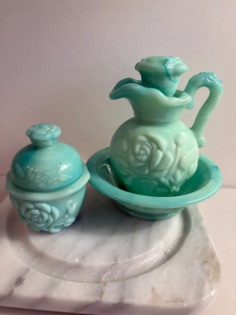 Avon Jadeite Moonwind Bubble Bath Bottle and Powder Sachet Container Vintage