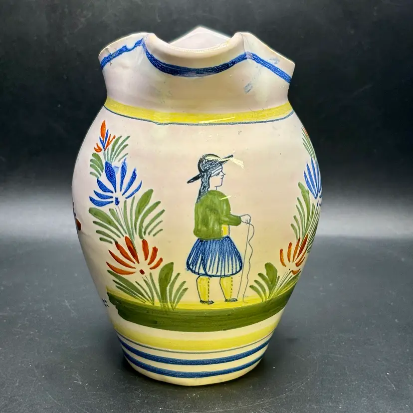 Henriot Quimper Pottery Pitcher Jug Vase With Breton Peasant Floral Pattern Made In France 5.5”