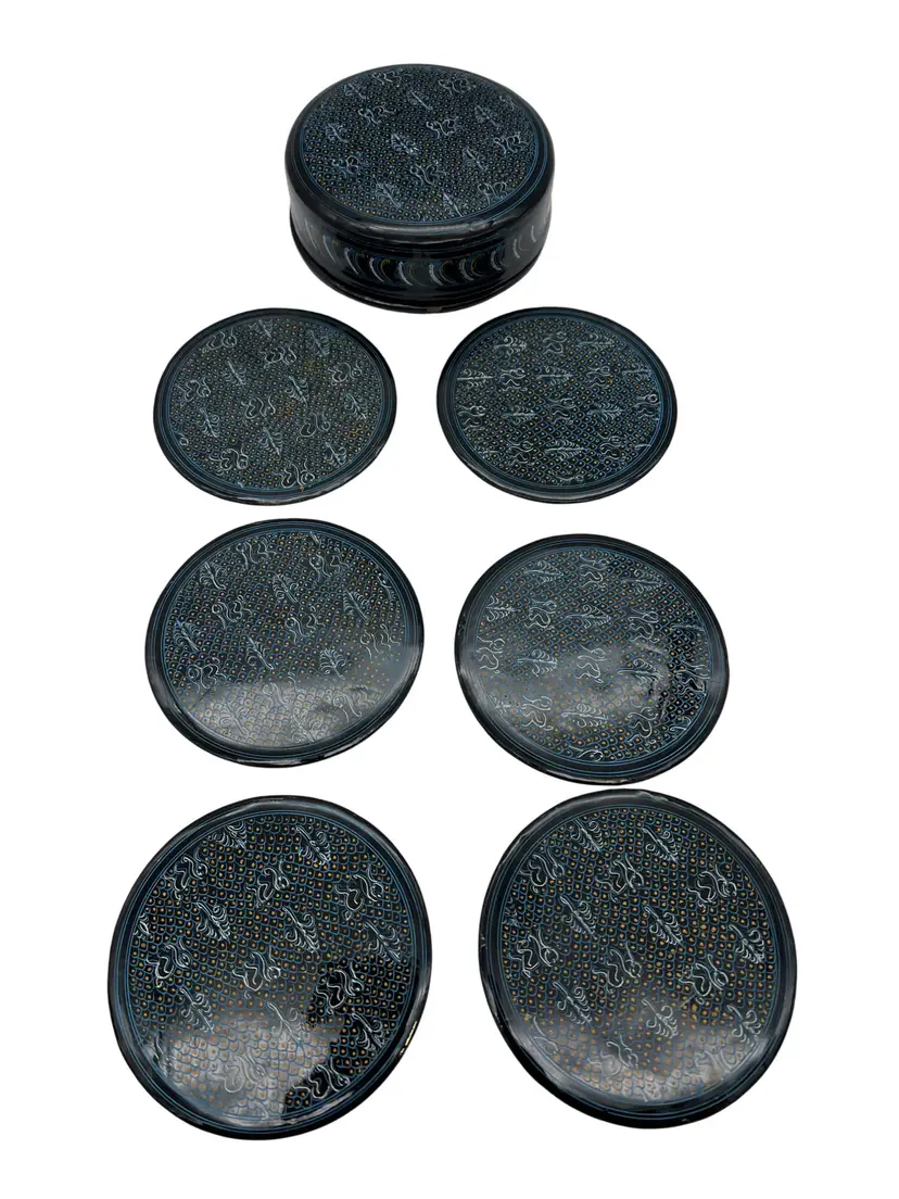 Handcrafted Black Lacquerware Six Drink Coasters & Storage Box Set 4"
