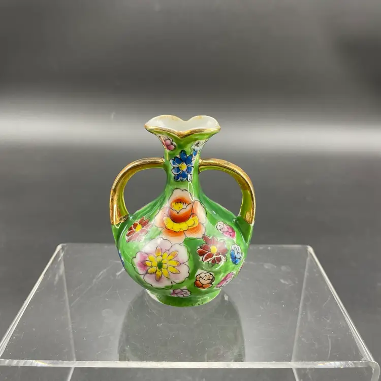 Miniature Vase Green with Florals Porcelain VTG Two Handled
