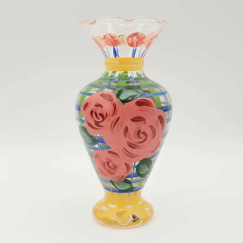 Tracy Porter Handpainted Bud Vase Roses & Plaid