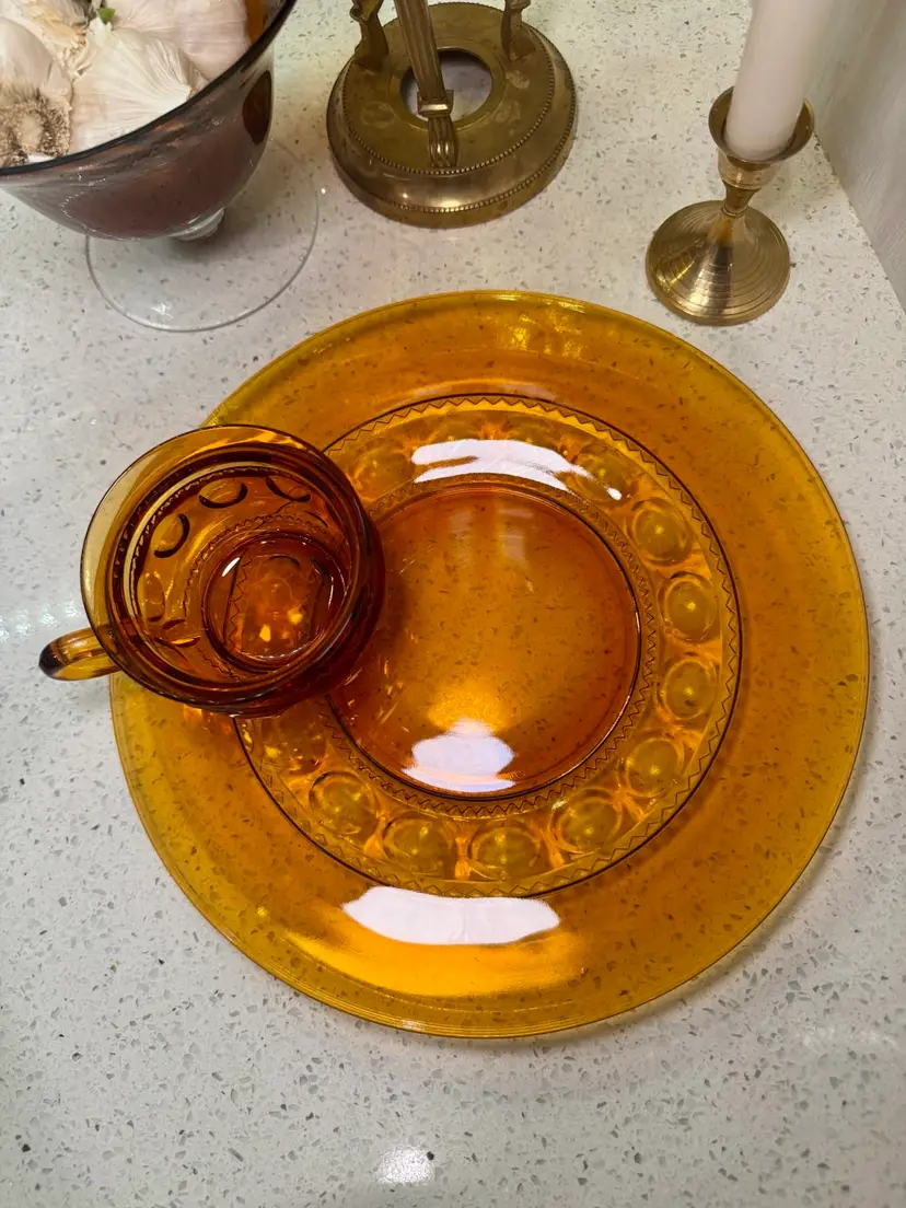 IF NEEDED I HAVE 4 SETS: Indiana Glass Company Kings Crown Amber snack set, cup 3” & matching plate 11” w/thumbprint pattern