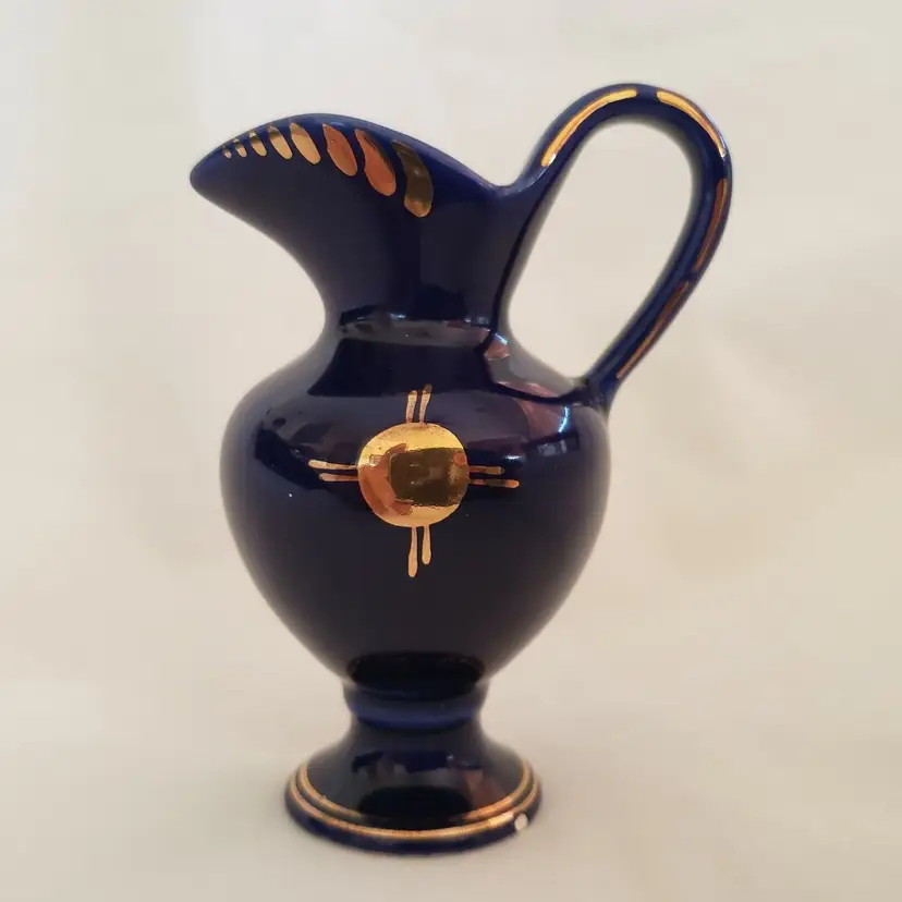 Ceramic Footed Creamer Holland Signed Blue Gold Trim 3 3/8" Read Description
