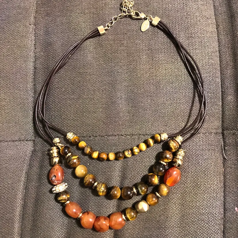 Chico’s 3 Strand Tigers Eye and Stone Beaded Bib Necklace