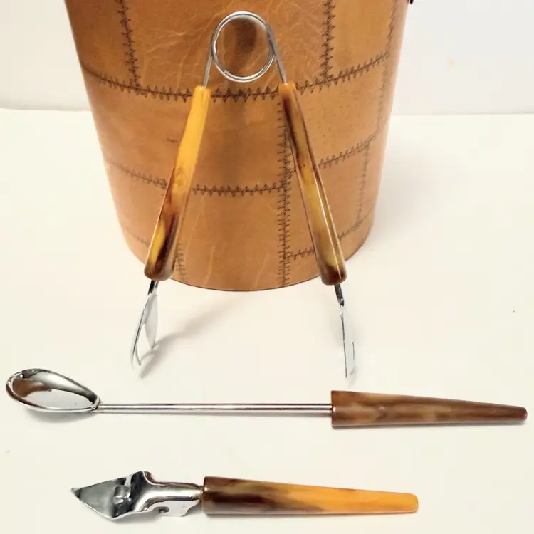 Vintage Irvinware Mid Century Modern Ice Bucket With Bakelite Bar Utensils MCM