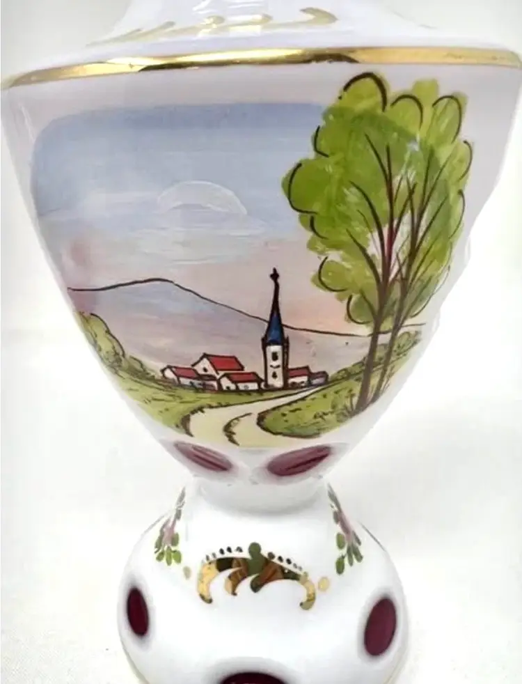 Vtg BOHEMIAN Germany Cased Art Cranberry Glass Hand Painted Vase Landscapes 8.5”