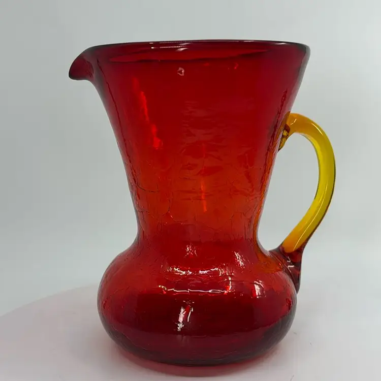 Blenko Ruby Red Crackle Glass Pitcher Amber Applied Handle Glows 5.5H
