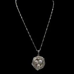 Pearl Bird Nest Necklace, Silvertone 18” Long
