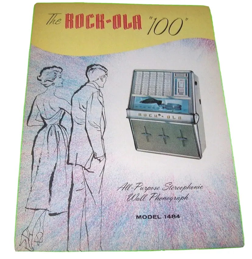Rock-Ola Wall 1484 Jukebox FLYER Phonograph 100 Original 1960 Music Art Brochure