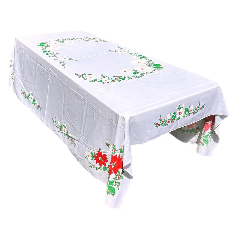 Christmas Poinsettia Large Tablecloth Banquet Holiday Holly Red Green