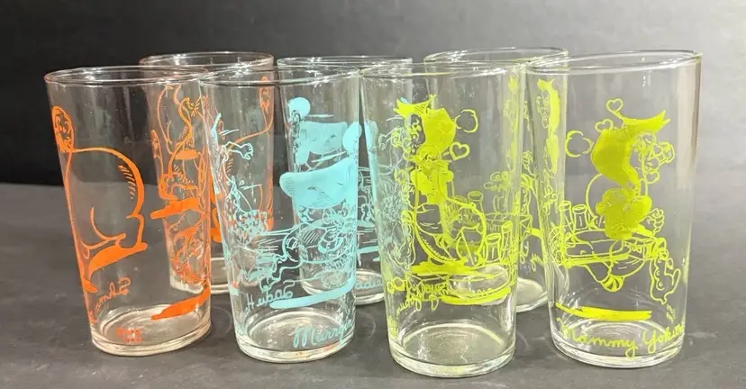 7 1949 Vintage LIL ABNER AL CAPP SADIE HAWKINS SHMOOS Drinking Glasses Comical